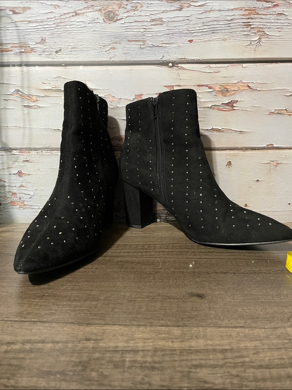 H Halston Tokyo Black Studded Suede Ankle Boots. Zip sides.